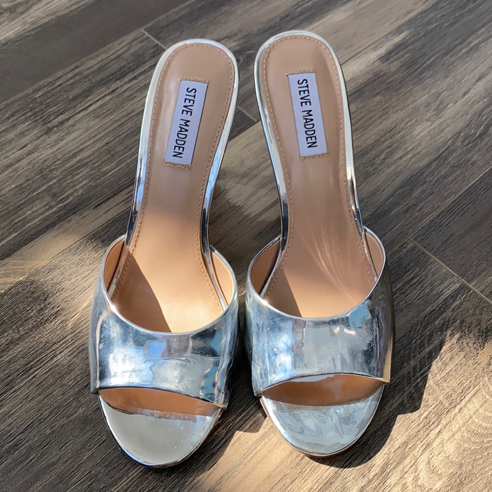 Steve Madden silver mirror mule heel pump sandal